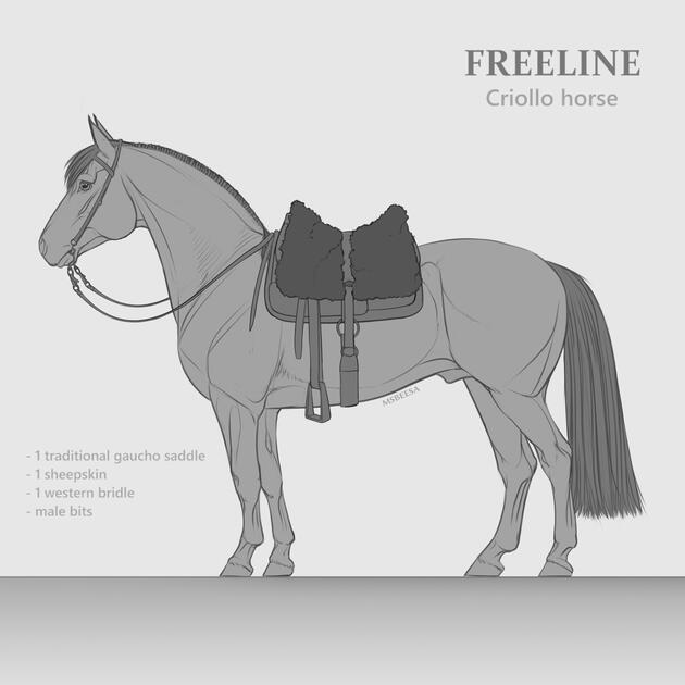 Lineart of a criollo horse A digital illustration of a greyscale flat colored criollo horse with a traditional gaucho tack