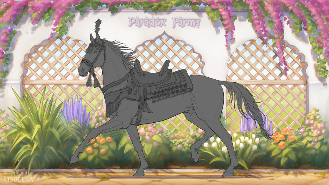 A digital illustration of a greyscale akhal-teke horse with a traditional indian tack with an indian background