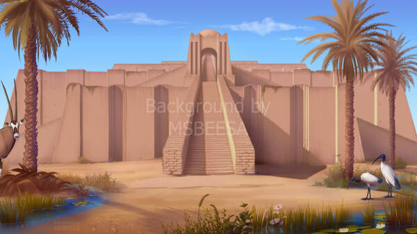 A digital artwork featuring ancient Sumerian civilization and a great Ziggurat of Ur surrounded by two water streams, vegetation and wild animals