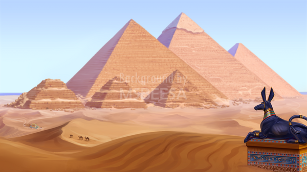 A digital painting of ancient Egypt featuring three great pyramids of Giza, Khafre and Menkaure and a Set's animal laying on a decorated chest