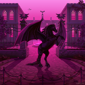 A digital illustration of a black bat pegasus rearing in the entrance of a gothic vamp academy lit by pink light