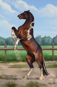 A digital illustration of a seal bay pottok pony with markings rearing on a backyard with a fence and a meadow on the background