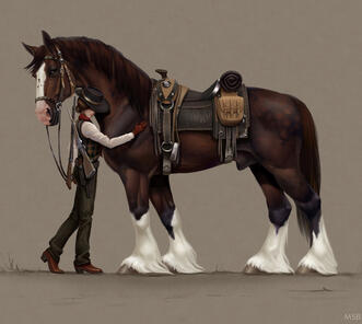A digital illustration of a girl and a shire horse in western attire following RDR2-theme