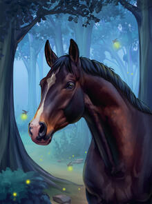 A digital illustration of a seal brown horse standing in a magic forest with firefies and ambient blue light