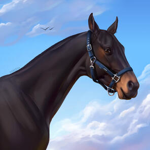 A digital illustration of a seal brown akhal-teke horse head on a blue sky background